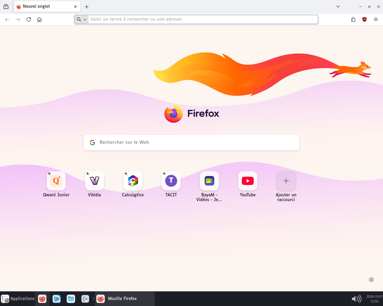 Firefox, nouvel onglet : raccourcis Qwant Junior, Vikidia, Calcul@tice, TACIT, BayaM, YouTube