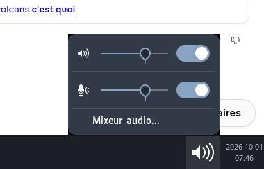 Fenêtre du volume ouverte depuis la barre : curseur de sortie, micro, Mixeur audio